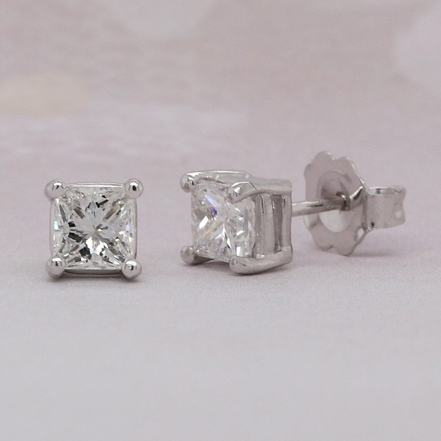 .80 Carats Princess Cut Diamonds Solitaire Stud Earrings 14K White Gold