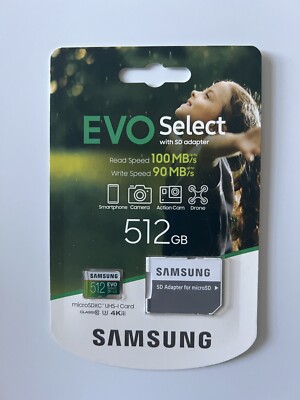 Samsung EVO Select 512GB Class 10 MicroSDXC Memory Card with SD Adapter - NEW