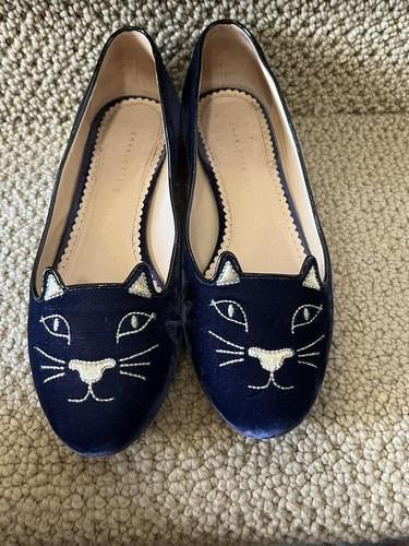 Charlotte Olympia Navy Velvet Kitty Flats - 37 1/2 - Picture 2 of 10