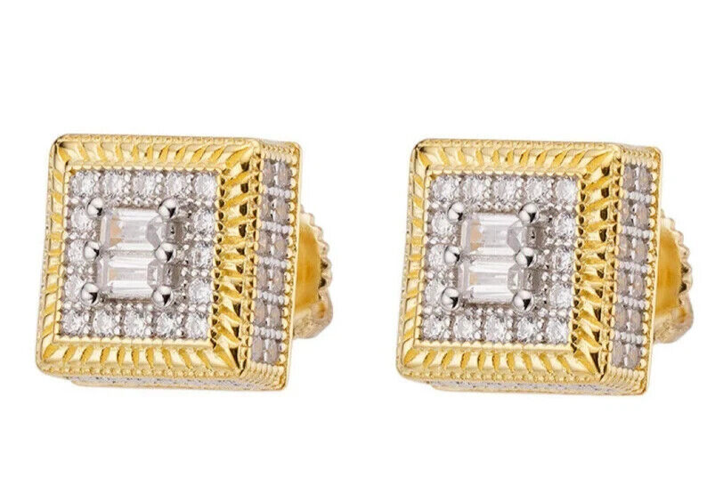 2.70Ct Baguette Simulated Diamond Men's Stud Earrings 925 Yellow Sterling Silver