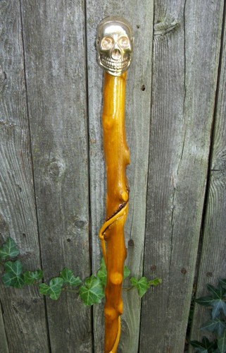 Bastón para caminar morera en espiral tallado a mano 43" con mango superior de cráneo de latón #28