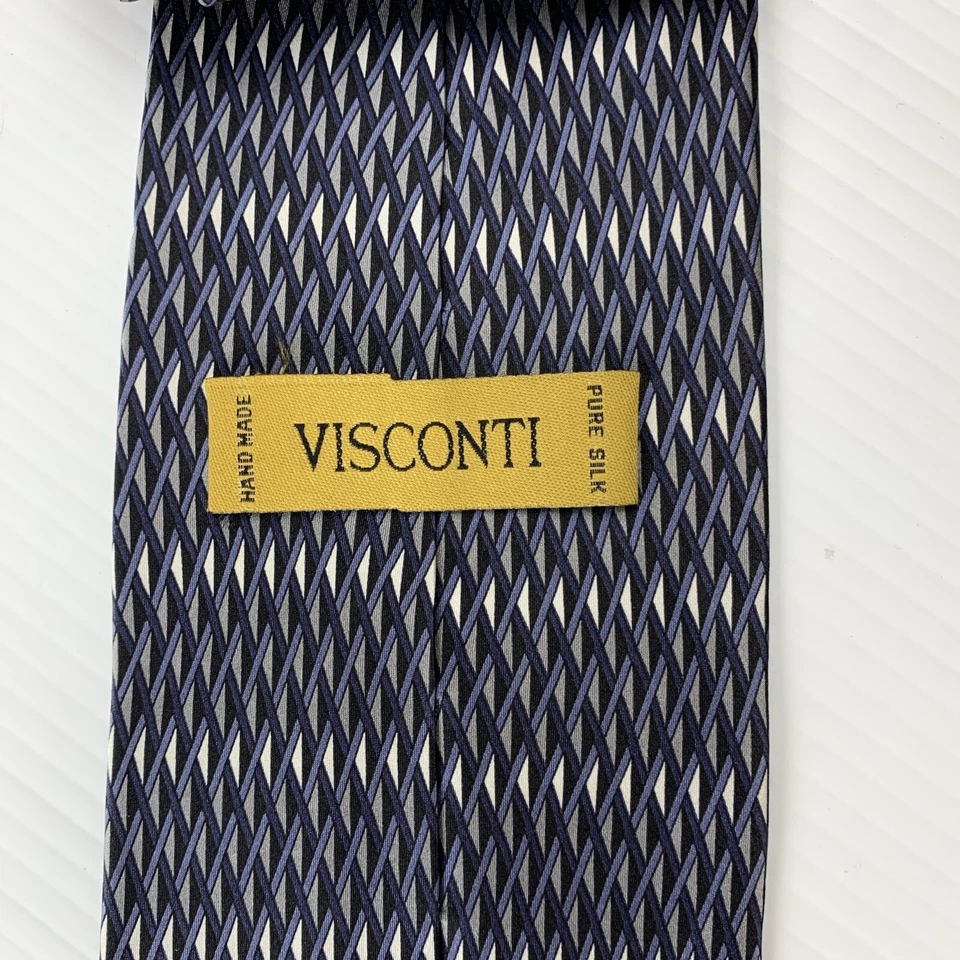 Corbata de seda VISCONTI para hombre talla 4" x 57" azul negro plata blanco corbata geométrica Foto 4 de 4