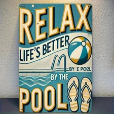 Vintage Life is Better by the Pool Theme Tin Metal Signs Home Décor 8x12 