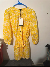 Womens Yellow White Floral Shirt Dress Round Neck Long Sleeve Button Belted M