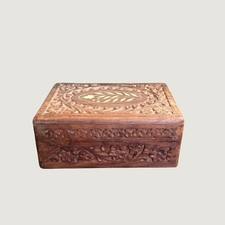 Vintage Hand Carved Wooden Jewelry Box Floral Inlay Lined Trinket Box