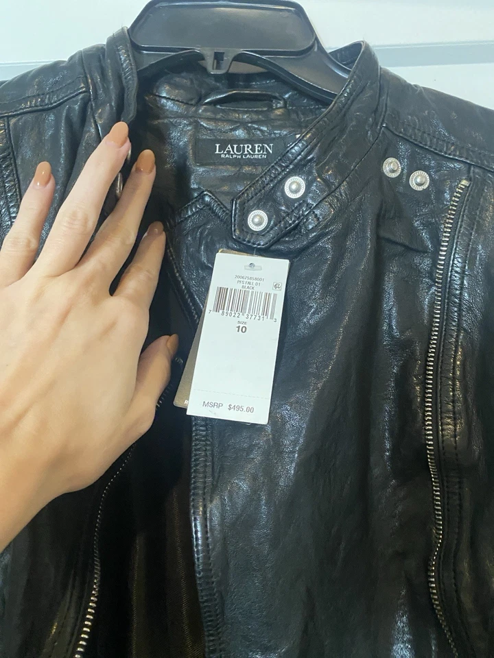 Chaqueta Moto Ralph Lauren Cuero Negra Talla 10 - Nueva Con Etiquetas Estilo Motociclista Clásico Foto 2 de 3