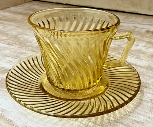 Vintage Federal Glass Amber Depression Glass Tea Cup & Saucer Set Diana Pattern
