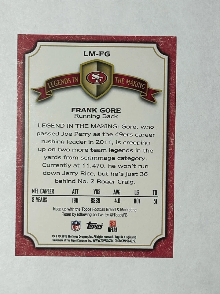 2013 Topps Legends in the Making Frank Gore #LM-FG San Francisco 49ers - Image 2 of 2