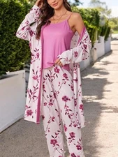Women's Floral Print 3-Piece Pajama Set With Long Cardigan And Elastic Waist Pan
