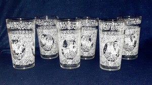 6-Vintage Hazel Atlas Monticello Triple-Sided Sleigh Scenes Glasses; 5", 10 oz