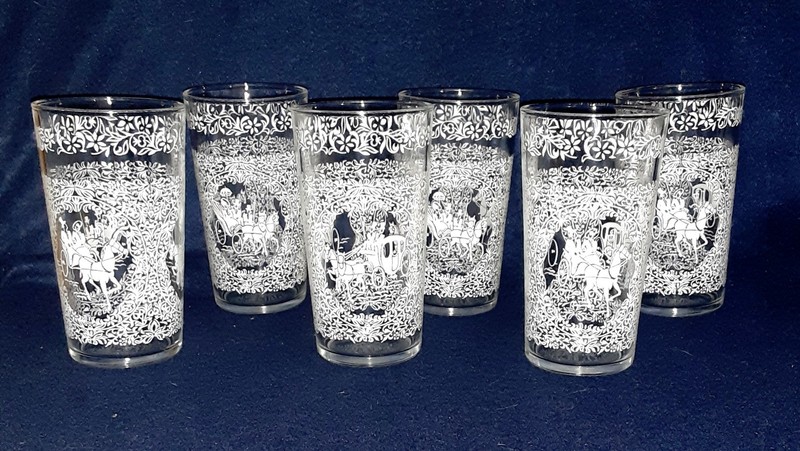 6-Vintage Hazel Atlas Monticello Triple-Sided Sleigh Scenes Glasses; 5", 10 oz
