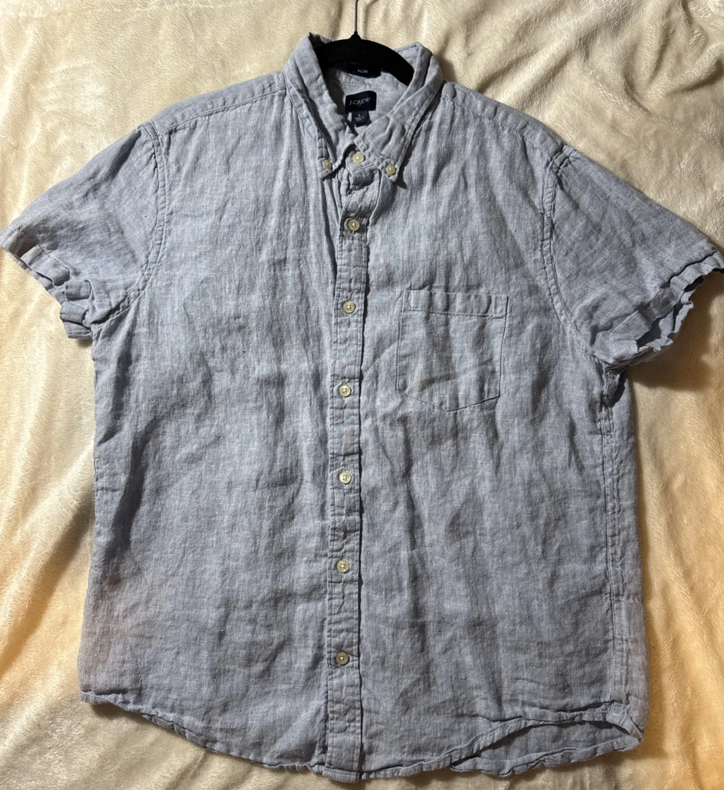 J.crew Linen Cotton Short Sleeve Shirt; Men’s Slim L, Button Down Blue