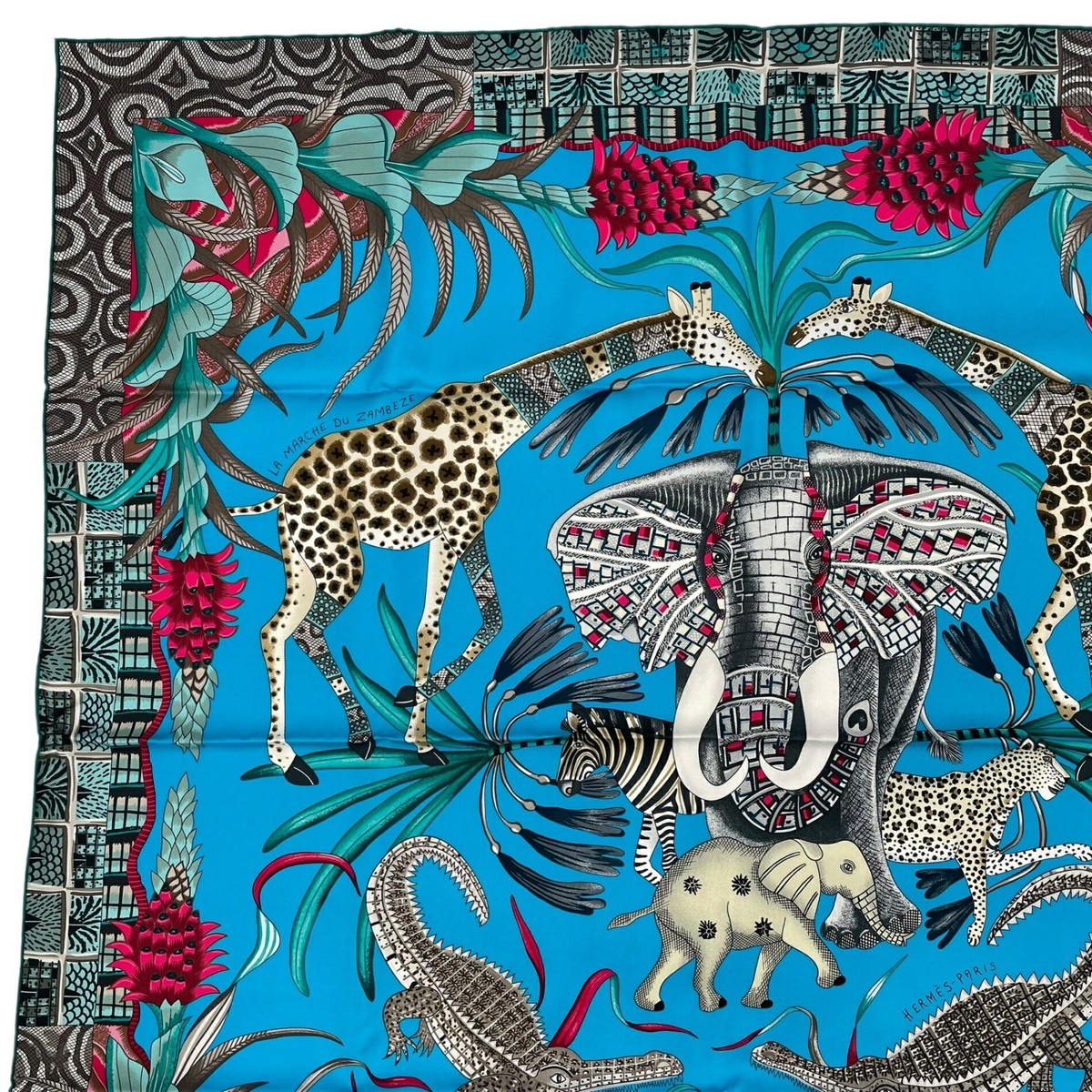 HERMES Carre 90 LA MARCHE DU ZAMBEZE elephant Silk Scarf 90cm:JPN