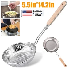 Stainless Steel Micro-Perforated Skimmer Strainer,Noodle Net Basket Wooden Handl