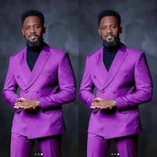 Purple Men Suits Peak Lapel Double Breasted Formal Evening Party Men Tuxedos