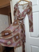 Issa London Brown Geometric Long Sleeve %100 Silk Jersey Party Dress Wrap UK 8