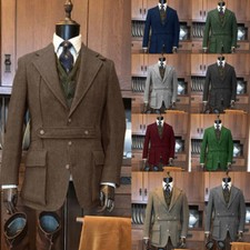 Vintage Tweed Men Suits British Hunting Coat Business Casual Party Wear Blazers