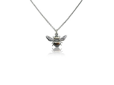 Detailed Bumble Bee Pendant Necklace, Sterling Silver and Bronze, Flat