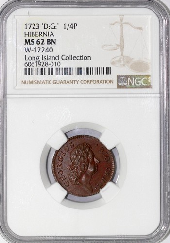 1723 1/4 "D:G" W-12240 Hibernia Colonial Coin NGC MS 62 - Picture 3 of 5