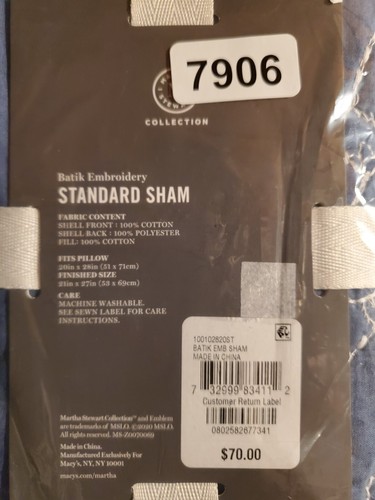 Martha Stewart Collection Batik Embroidery Blue Quilted Single Sham, Standard - Picture 7 of 7