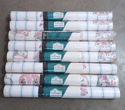 X8 Village Wallpaper Double Rolls Prepasted Vinyl Fiesta Bowls & Stripe 56 Sq Ft