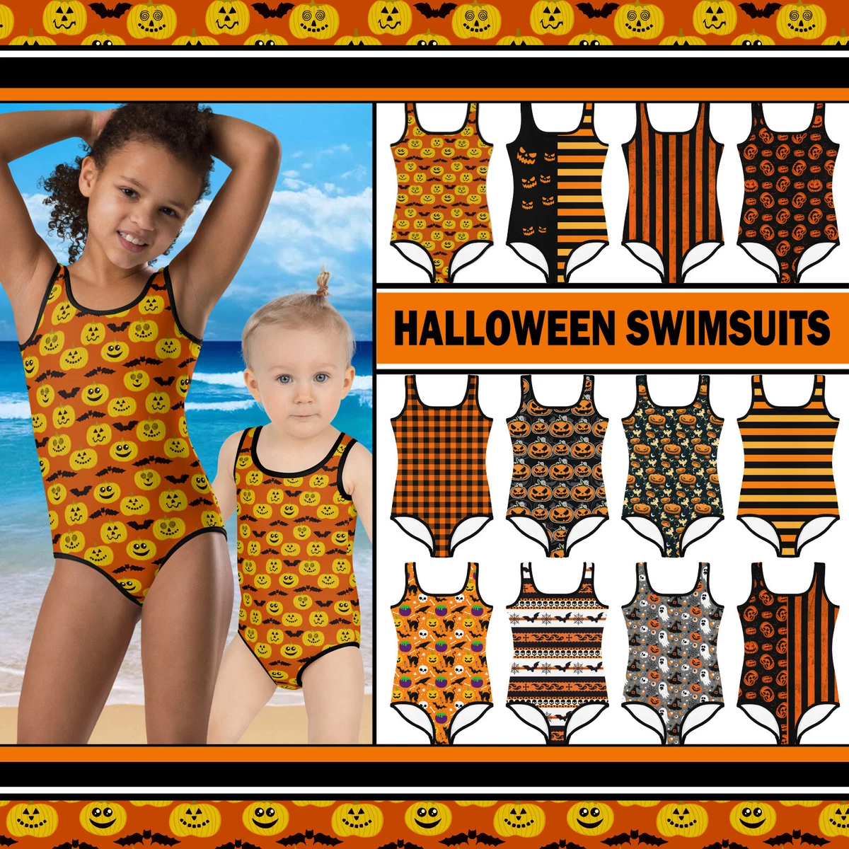 Kids Halloween Swimsuit #1 - Baby Girl Teens Bathing Suit Scary Fun  Pumpkins