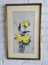 VTG NICELY FRAMED 22" X 14" CHINESE GRN BIRDS YEL FLWRS PAINTED ON SILK, SIGNED