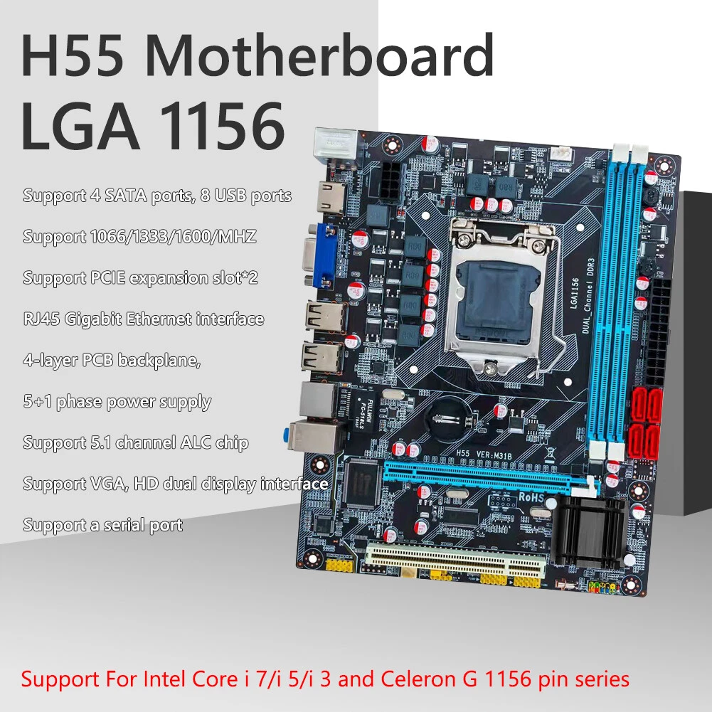 H55 Motherboard Kit with Baffle DDR3 for LGA 1156 i3 i5 i7 HDMI Compatible Board