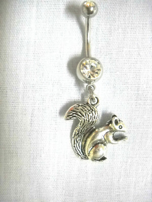 CUTE CRITTER 3D SQUIRREL CHARM 14g CLEAR CZ NAVEL BELLY RING WILDLIFE ANIMALS