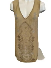 CHAN LUU Dress Beige Nude 20s flapper Sheer Sleeveless Beaded Sheath Ornate XS