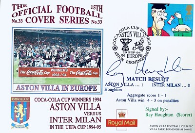 Ray Houghton HANDSIGNIERT Aston Villa limitierte Auflage 1994 UEFA CUP Kampagne FDC COA
