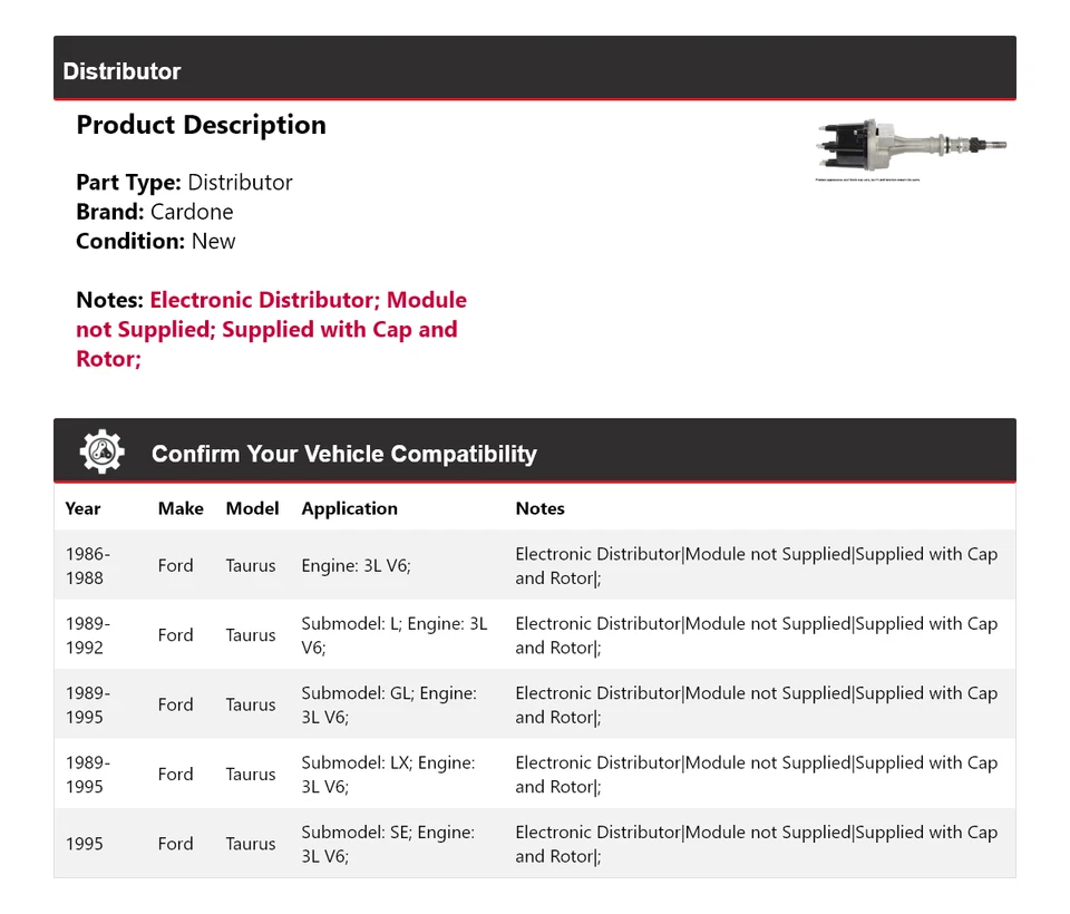 Для 1986-1995 Ford Taurus 3L V6 дистрибьютор Cardone 1987 1988 1989 1990 1991 - Изображение 2 из 4