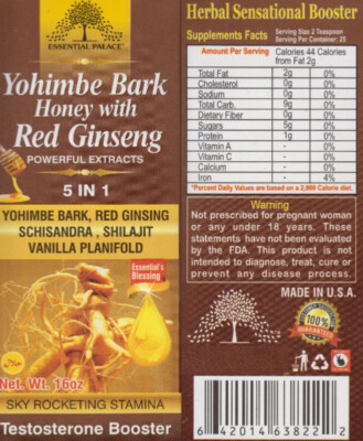 Organic Yohimbe Bark Honey with Red Ginseng By Essential Palace - 16 oz