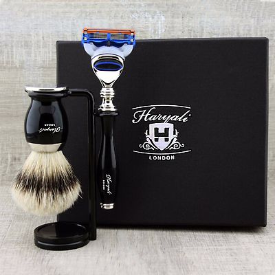 3 Piece Shaving Set Wet Beard Shave 5 Edge Razor Synthetic Badger Brush Kit Men