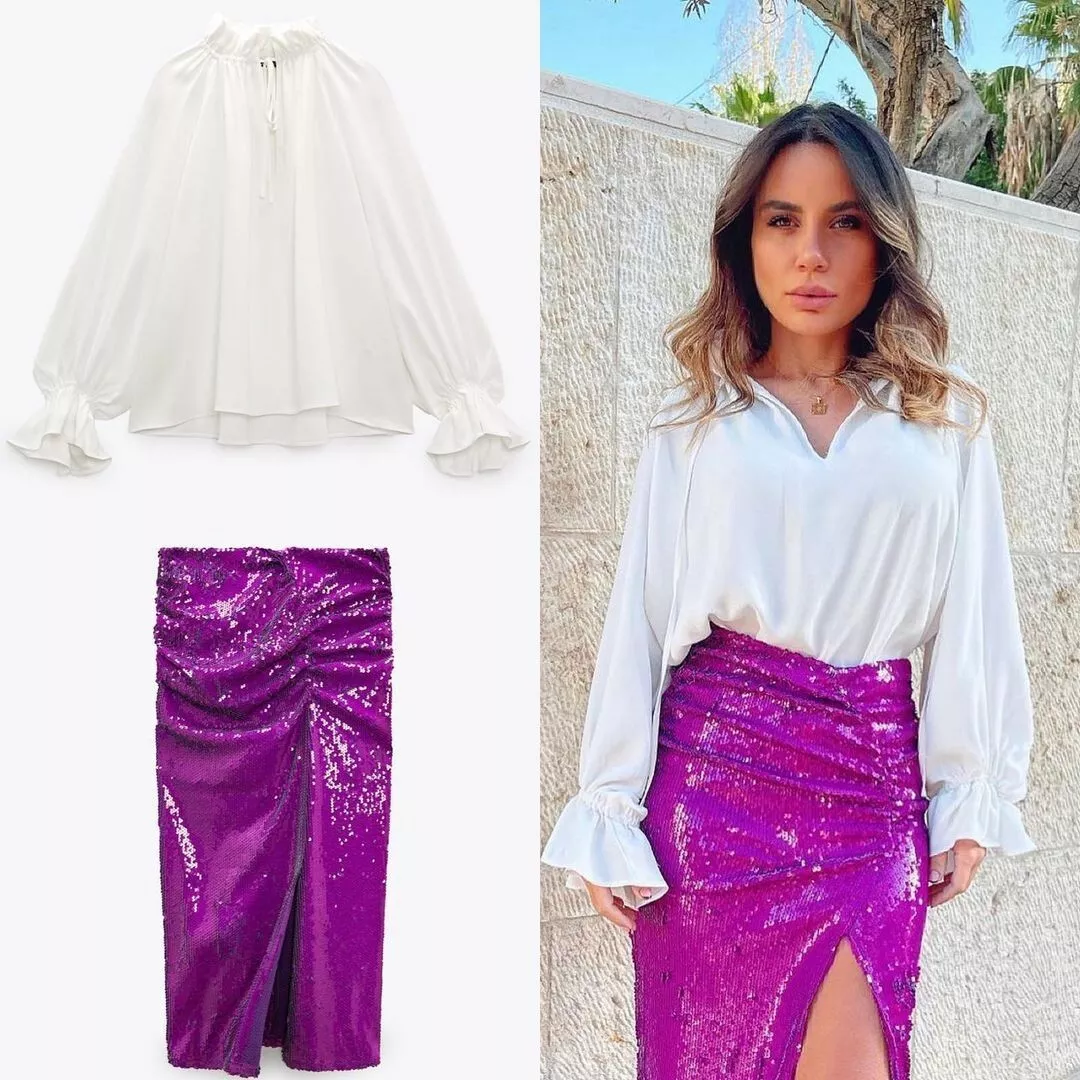 ZARA WOMAN PURPLE SLITTED SEQUIN MIDI SKIRT SIZE XS REF. 2157/262