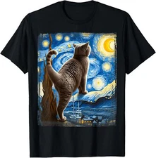 NEW LIMITED Van Gogh Starry Night Style British Shorthair Cat T-Shirt