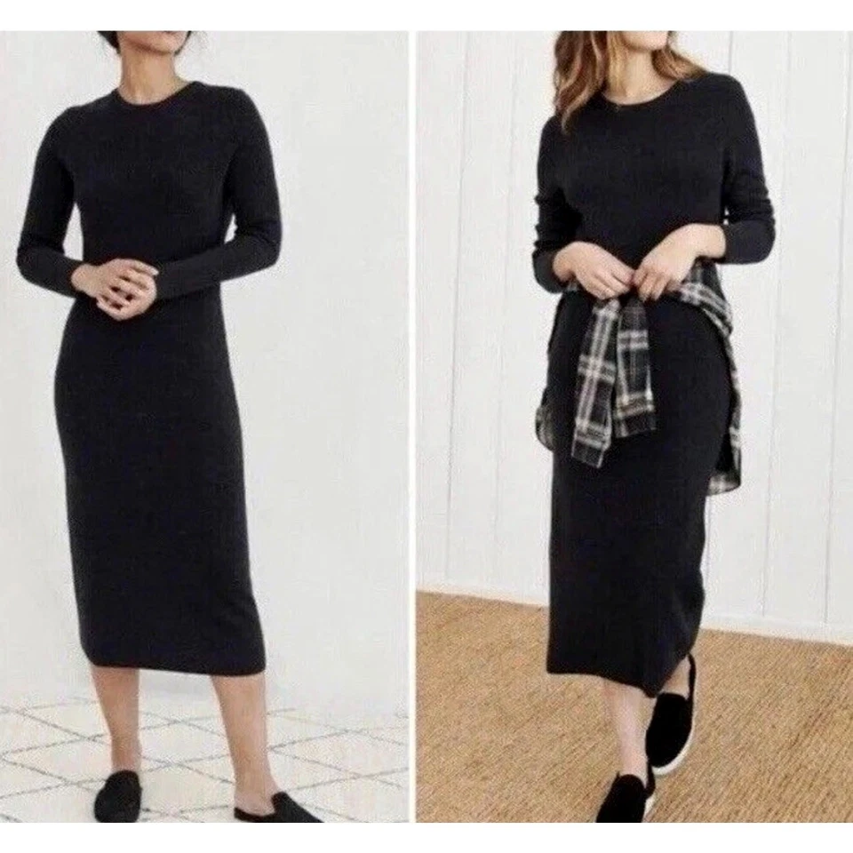 Vestido Suéter Jenni Kayne XS Manga Larga Acanalado 100% Lana Midi Gris Carbón Foto 3 de 4