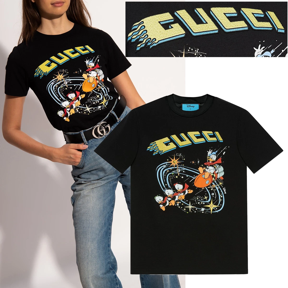 GUCCI T-SHIRT X DISNEY DONALD DUCK UNIVERSE PRINT BLACK COTTON TOP