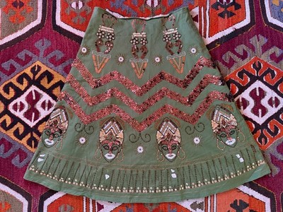 Basil & Maude Green Sequin Boho Festive Beaded Skirt Silver Collection Size 2