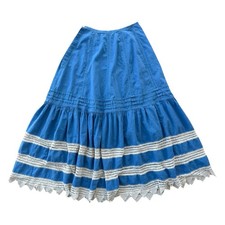 1970s Blue Crochet Trim Skirt Handmade Pleated Lace Boho Prairie Vintage