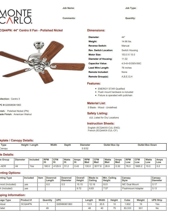 5CQ44PN Monte Carlo Feiss Centro 44" 5-Blade Ceiling Fan American Walnut Nickel - Image 2 of 2