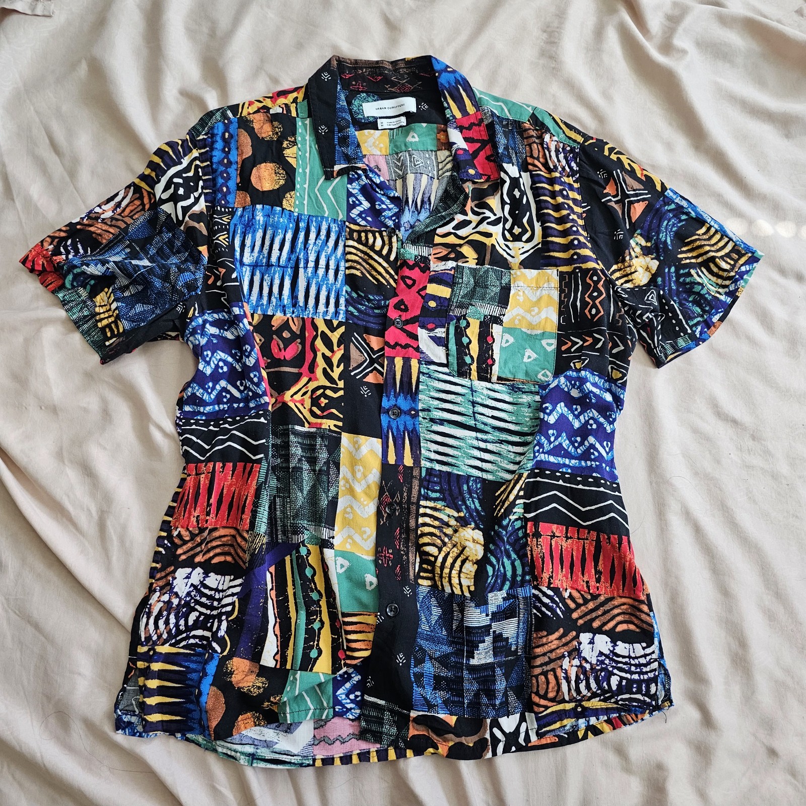 Retro Multicolor Patchwork Short Sleeve Button-Up… - image 1