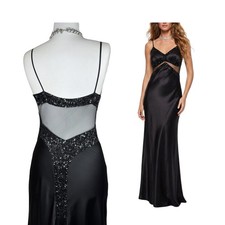 Vintage Y2K Black Beaded Satin Maxi Dress  Sheer Cut-Out Open Back Gown