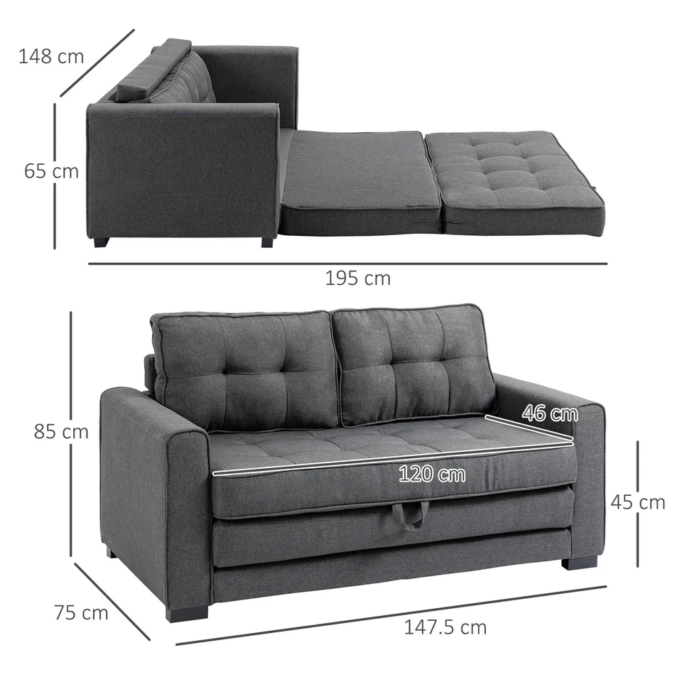 HOMCOM Divano Letto in Tessuto 2 Posti Imbottito con Molle 151x75x85cm Grigio - Immagine 4 di 4