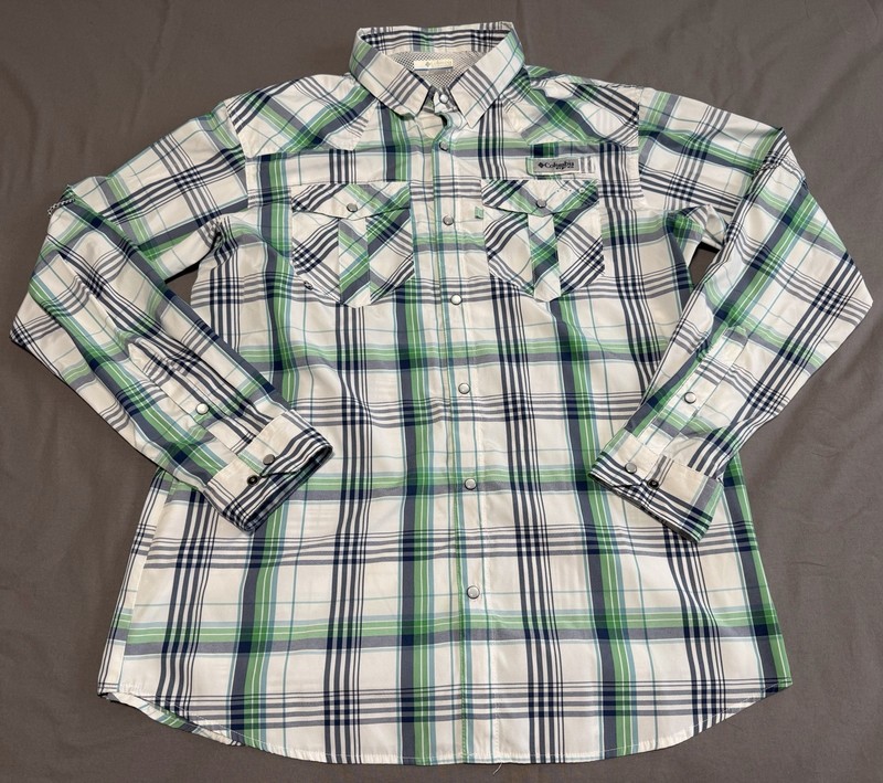 Columbia PFG Pearl Snap Plaid Shirt Mens Large Long Sleeve Fish Vented