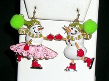 Snowman Snow Woman Skating CHRISTMAS Earrings Pink Red White Enamel Stone PomPom