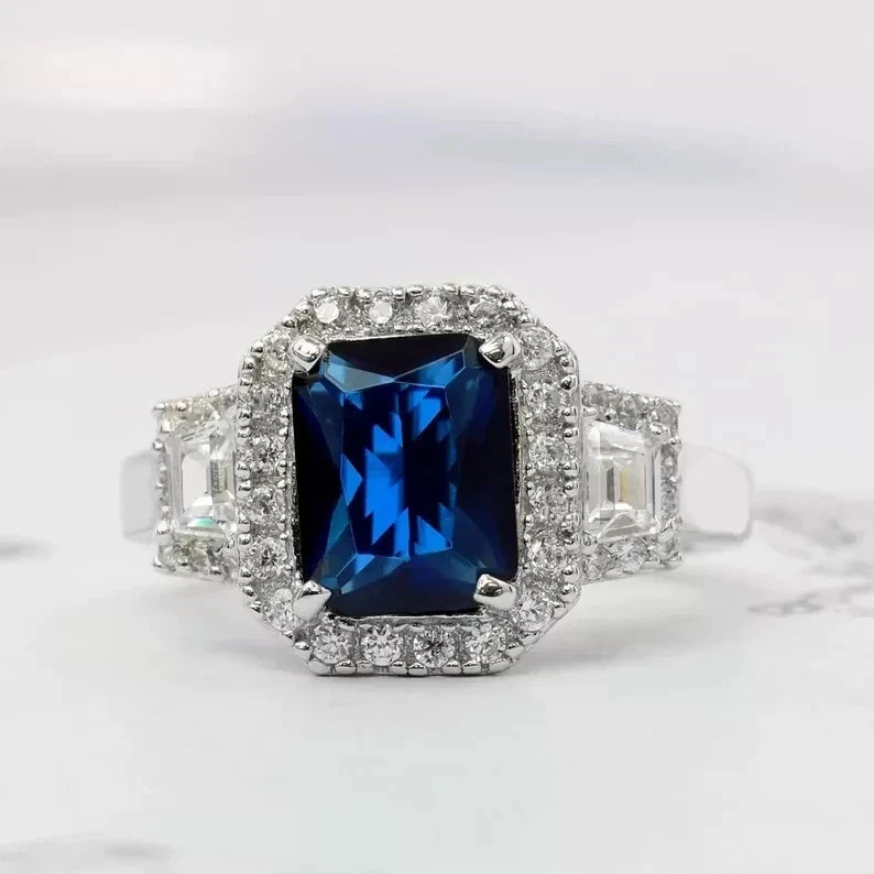 4.80 Ct Natural Blue Sapphire Diamonds Wedding Ring Solid 14K White  Gold 7 8