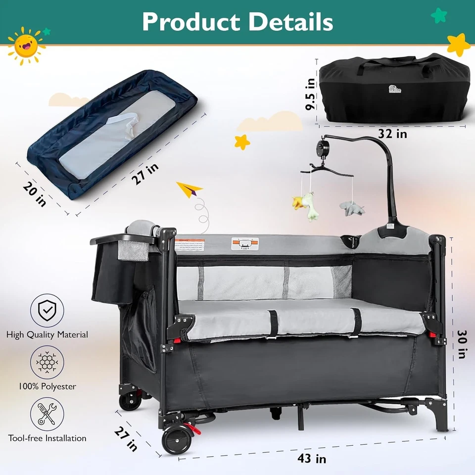 Cuna de bebé 5 en 1 - Cuna portátil, cama de cabecera, cambiador de pañales y más Foto 2 de 4
