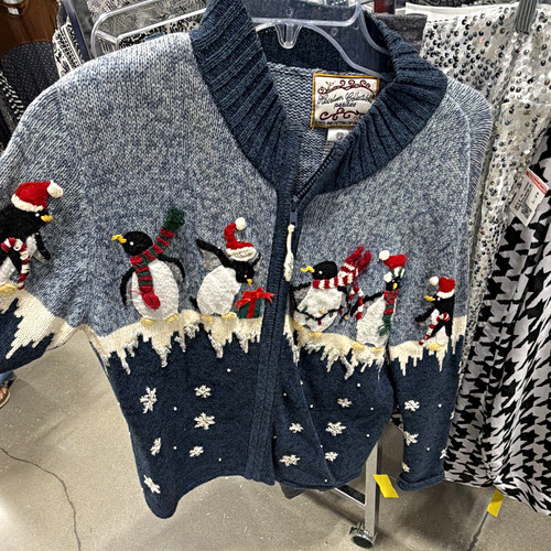 Heirloom Collectibles Petites PS Blue Embroidered Penguin Full Zip Mock Sweater