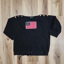 Lauren Ralph Lauren Sweater Women Large American USA Flag Knit 3/4 Sleeve Black
